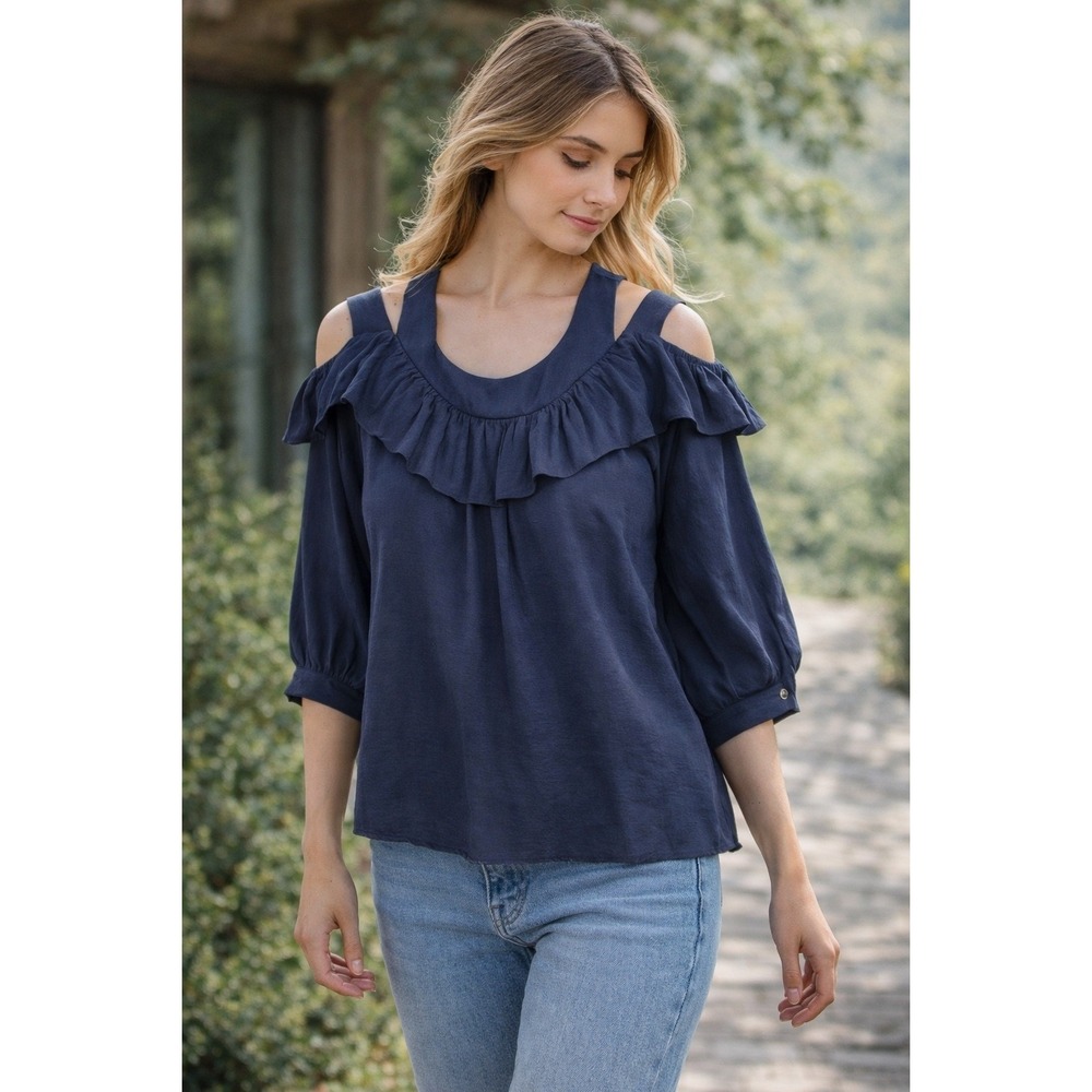 Maeve Women Navy Cold Shoulder Ruffle‎ Top 3/4 Sleeve  Size 10